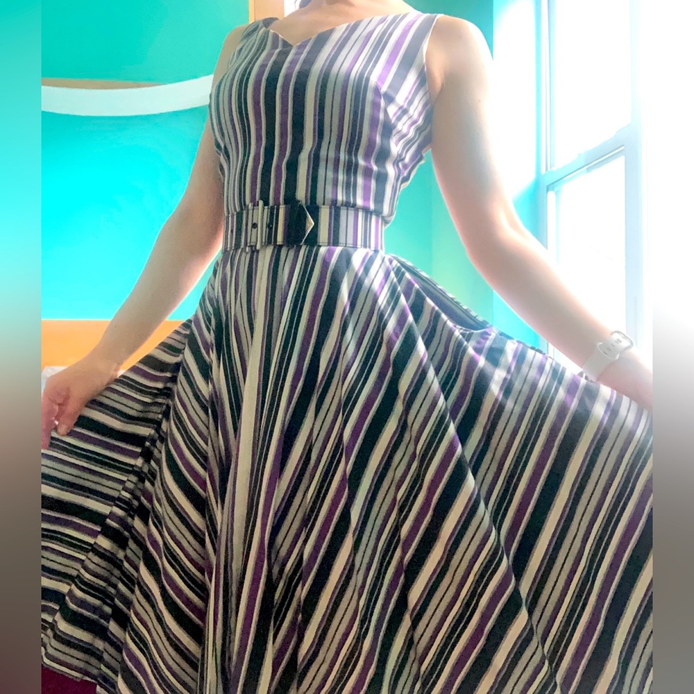 Pinup Couture Havana Nights Dress in Purple Solstice Stripe, Size S